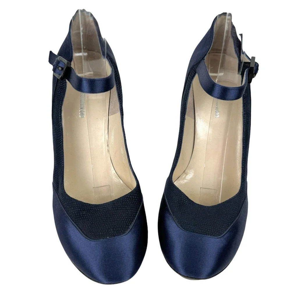 Nicholas Kirkwood High Heels EU 38 US 7.5 Navy Satin‎ Round Toe Italy Maryjane